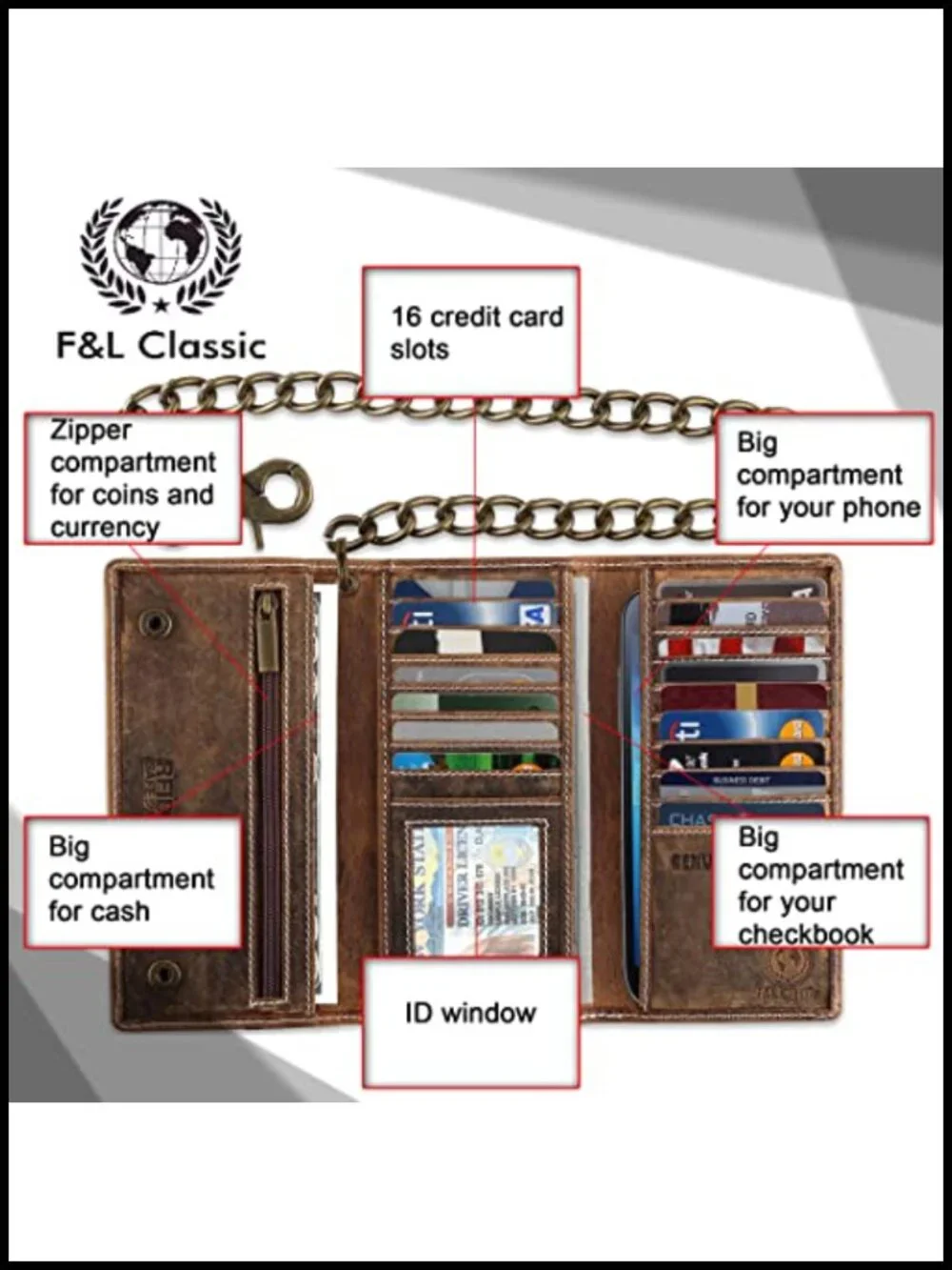 Premium Buffalo Leather RFID Blocking Chain Wallet Tri-Fold with 16 Slots